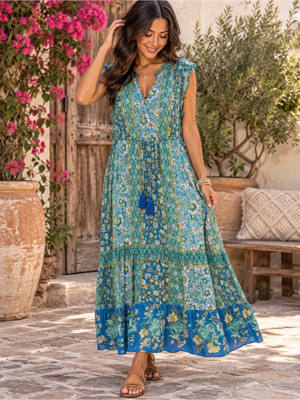 Knox Rose Boho Floral Patchwork Maxi Dress Blue Teal Tassel Tie